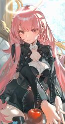 1girl apple arknights black_dress chinese_commentary closed_mouth commentary cowboy_shot dress food fruit halo interlocked_fingers lemuen_(arknights) long_hair long_sleeves looking_at_viewer outstretched_arms own_hands_together pink_eyes pink_hair sitting smile solo traditional_halo user_ymdh7773 white_halo zipper