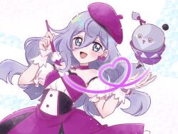 1girl :d aimu_(aipri) beret blue_eyes blush choker creature detached_sleeves dot_nose dress floating frilled_sleeves frills gem hanazono_yuko hands_up hat himitsu_no_aipri holding holding_paintbrush long_hair looking_at_viewer merrybear open_mouth paintbrush pretty_series puffy_short_sleeves puffy_sleeves purple_choker purple_dress purple_gemstone purple_hair purple_hat short_sleeves sleeveless sleeveless_dress smile star_(symbol) star_in_eye strapless symbol_in_eye triangle_mouth upper_body white_sleeves white_wrist_cuffs wrist_cuffs