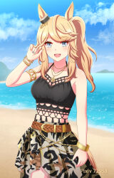 1girl animal_ears arm_at_side armlet belt bikini black_bikini blonde_hair blue_eyes blue_sky blush bracelet brown_belt day ear_ornament floral_print gold_bracelet gold_city_(boho_flare)_(umamusume) gold_city_(umamusume) gold_necklace highres horse_ears horse_girl horse_tail jewelry kasumi_uzuki looking_at_viewer multicolored_nails necklace official_alternate_costume official_alternate_hairstyle open_mouth outdoors shawl sidelocks sky smile solo swimsuit tail teeth umamusume upper_teeth_only