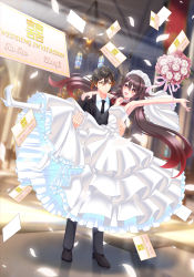 1boy 1girl absurdres alternate_costume bare_shoulders black_footwear black_hair blurry blurry_background blush bouquet bouquet_toss breasts bridal_veil bride brown_hair carrying cathedral choker church collarbone collared_shirt colored_tips commission couple diamond-shaped_pupils diamond_(shape) dress earrings english_text eyeliner eyeshadow face-to-face falling_petals flower flower-shaped_pupils formal_clothes frilled_choker frills full_body ganerz genshin_impact gradient_hair groom hair_between_eyes hair_ornament hand_on_another&#039;s_shoulder hetero high_heels highres hu_tao_(genshin_impact) husband_and_wife indoors jacket jewelry long_dress long_hair long_sleeves looking_at_viewer makeup married mixed-language_commentary multicolored_hair nail_polish necktie open_mouth outstretched_arm pants petals princess_carry red_eyes red_eyeshadow red_nails ribbon ring second-party_source shadow shirt shoes sidelocks silk_flower_(genshin_impact) single_earring small_breasts smile standing star-shaped_pupils star_(symbol) suit sunlight symbol-shaped_pupils tassel tassel_earrings teeth twintails upper_teeth_only veil very_long_hair vest wedding wedding_dress wedding_invitation wedding_ring white_choker white_dress white_footwear white_legwear yellow_eyes zhongli_(genshin_impact) zhongtao