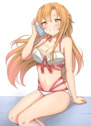 1girl absurdres arm_support asuna_(sao) bikini blush breasts can cleavage collarbone commentary_request eru_(aeeu2243) feet_out_of_frame grin highres holding holding_can long_hair looking_at_viewer medium_breasts multi-strapped_bikini_bottom navel orange_eyes orange_hair sitting smile solo swimsuit sword_art_online white_background white_bikini