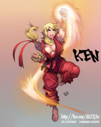 1990s_(style) 1girl barefoot blonde_hair breasts brown_eyes capcom character_name cleavage clenched_hands dougi elee0228 eyebrows female_focus fingerless_gloves fire genderswap genderswap_(mtf) gloves hair_ribbon ken_masters long_hair lost-tyrant low-tied_long_hair medium_breasts muscular muscular_female no_bra open_mouth ponytail retro_artstyle ribbon shouryuuken sleeveless solo street_fighter street_fighter_zero_(series) thick_eyebrows uppercut watermark web_address