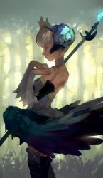 1girl bare_shoulders breasts crown dress forest grey_hair gwendolyn_(odin_sphere) hands_on_own_chest low_wings mossan351 nature odin_sphere outdoors polearm short_hair sketch small_breasts solo strapless strapless_dress valkyrie weapon wings