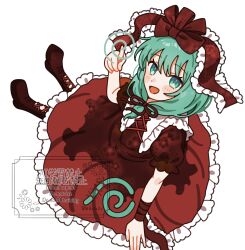 1girl blush boots dress frills from_above full_body green_eyes green_hair highres kagiyama_hina large_ribbon looking_at_viewer red_boots red_dress red_ribbon ribbon short_sleeves sitting smile solo stella_(pokopokobanana) touhou two-tone_dress watermark white_background