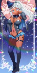 Rule 34 | 1girl, bare shoulders, black boots, black cape, black hat, black leotard, black sleeves, blue cape, blue eyes, blush, boots, breasts, cape, closed mouth, commentary request, commission, dark-skinned female, dark skin, detached sleeves, frills, full body, grey hair, hair ornament, hairclip, hand on own hip, hand up, hat, kou hiyoyo, large breasts, leotard, long hair, long sleeves, looking at viewer, mini wings, navel, original, ponytail, puffy long sleeves, puffy sleeves, skeb commission, smile, solo, standing, standing on one leg, thigh boots, tilted headwear, very long hair, wings, x hair ornament