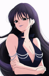 Rule 34 | 1girl, bishoujo senshi sailor moon, black dress, black eyes, black hair, breasts, bright pupils, center opening, cleavage, commentary, crossed arms, dress, earrings, evil grin, evil smile, grin, hand on own arm, hand on own elbow, jewelry, long hair, looking at viewer, maruko es, mistress 9, parted lips, purple lips, smile, solo, teeth, tomoe hotaru, very long hair, white background, white pupils