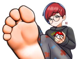 1girl barefoot black_hoodie blue_hair closed_mouth feet female_focus foot_focus glasses grey_eyes grey_leggings grey_pantyhose highres hood hoodie leggings looking_at_viewer mugibunbun multicolored_hair nintendo pantyhose penny_(pokemon) poke_ball pokemon pokemon_sv presenting_foot print_pantyhose raised_eyebrow red_hair round_eyewear short_hair soles solo toeless_legwear toes two-tone_hair white_background