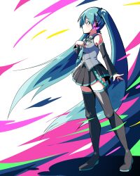 Rule 34 | 1girl, black boots, black skirt, black sleeves, blue eyes, blue hair, blue trim, boots, collared shirt, commentary request, detached sleeves, full body, grey shirt, hair ornament, hatsune miku, highres, long hair, mogeron 03, necktie, profile, shirt, skirt, solo, twintails, vocaloid