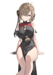 1girl absurdres ahoge angel_no_shousou bare_legs bare_shoulders black_dress breasts brown_hair bun_cover china_dress chinese_clothes cleavage_cutout closed_mouth clothing_cutout commentary_request double_bun dress eyewear_on_head fingerless_gloves gloves hair_bun hair_over_one_eye highres invisible_chair large_breasts looking_at_viewer medium_hair pelvic_curtain purple_eyes short_twintails simple_background single_glove sitting sleeveless sleeveless_dress smile solo sunglasses sweety_(zenless_zone_zero) thighs twintails underboob_cutout white_background zenless_zone_zero