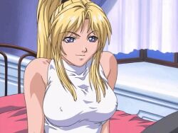 00s 1girl 2001 animated animated_gif bed bedroom bible_black blonde_hair breasts curvy large_breasts long_hair lowres panties purple_eyes saeki_kaori sitting skirt smile socks spread_legs tagme underwear