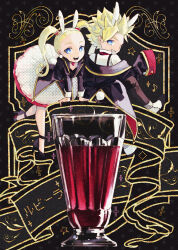 1boy 1girl absurdres alternate_costume animal_ear_hairband animal_ears black_jacket black_pants black_shoes blonde_hair blue_eyes bright_pupils choker christian_louboutin_(brand) commentary_request cup dragon_quest dragon_quest_builders_2 drink drinking_glass earrings fake_animal_ears fake_tail female_builder_(dqb2) gold_trim grin hair_pulled_back hairband heart heart_choker high_heels highres jacket jacket_partially_removed jewelry leotard looking_at_viewer looking_back male_builder_(dqb2) open_mouth pants playboy_bunny profile rabbit_tail shirt shoes short_hair sitting skirt smile spiked_hair suspenders tail teeth translation_request tutu twintails white_hairband white_pupils white_shirt white_skirt yamiko_(black-g-d-s)