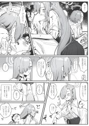 1boy 2girls absurdres asuna_(blue_archive) black_hair blue_archive breasts closed_eyes closed_mouth collared_shirt comiket_105 doodle_sensei_(blue_archive) french_kiss glasses grey_eyes hair_over_one_eye halo heart hetero highres kiss large_breasts long_hair monochrome multiple_girls neru_(blue_archive) open_mouth pleated_skirt school_uniform sensei_(blue_archive) shikisokuzeku76 shirt skirt spoken_heart surprised very_long_hair white_shirt wide-eyed