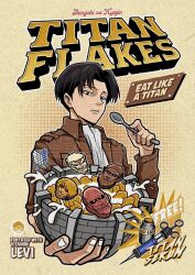 1boy armored_titan artist_name beast_titan bottle bowl brown_jacket colossal_titan commentary copyright_name cork cover english_commentary english_text fake_cover female_titan highres holding holding_bowl holding_spoon jacket kensuke_creations levi_(shingeki_no_kyojin) male_focus shingeki_no_kyojin solo spoon survey_corps_(emblem) syringe titan_(shingeki_no_kyojin) upper_body watermark
