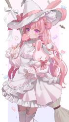 Rule 34 | 1girl, absurdres, blush, borrowed character, broom, candy, closed mouth, commentary request, commission, cowboy shot, food, frilled skirt, frills, garter straps, hair bun, hat, hat ribbon, heart, heart-shaped food, heart-shaped lollipop, high-waist skirt, highres, holding, holding candy, holding food, holding lollipop, holding stuffed toy, lollipop, long hair, long sleeves, looking at viewer, myon rio, original, pink eyes, pink hair, pink ribbon, ribbon, shaped lollipop, shirt, skeb commission, skirt, smile, solo, standing, stuffed animal, stuffed rabbit, stuffed toy, thighhighs, very long hair, watermark, white hat, white shirt, white skirt, white thighhighs, witch, witch hat