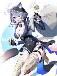1girl ;o animal_ear_fluff animal_ears animal_hood belt black_gloves black_leotard blue_eyes boots breasts cat_ears cat_girl cat_hood cat_tail cipher_(honkai:_star_rail) cleavage coin fang fingerless_gloves gloves gold_boots gold_coin grey_hair hashtag-only_commentary highres holding holding_coin holding_sack honkai:_star_rail honkai_(series) hood hooded_leotard kong2279 large_breasts leotard one_eye_closed open_mouth sack short_hair_with_long_locks solo tail thigh_belt thigh_strap thighs