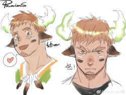 animal_ears bara brown_hair cow_boy cow_ears cow_horns cropped_head eye_black facial_hair fiery_horns forked_eyebrows frown goatee heart highres horns male_focus multiple_views powerlesssong sanpaku serious short_hair sketch smile spiked_hair spoken_heart thick_eyebrows tokyo_houkago_summoners translation_request wakan_tanka