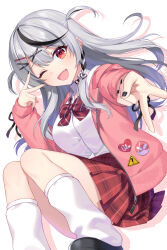1girl ;d black_choker black_footwear black_hair black_nails bow bowtie braid breasts center-flap_bangs choker collared_shirt commentary double-parted_bangs double_v earclip fang grey_hair gyaru_v hair_ornament hairclip hand_up highres hololive hood hooded_jacket jacket jenevan knees_together_feet_apart knees_up large_breasts leg_warmers long_hair looking_at_viewer miniskirt multicolored_hair o-ring o-ring_choker official_alternate_costume official_alternate_hairstyle one_eye_closed open_clothes open_jacket open_mouth outstretched_arm pink_jacket plaid_clothes plaid_skirt pleated_skirt polka_dot_shadow reaching reaching_towards_viewer red_bow red_bowtie red_eyes red_skirt sakamata_chloe sakamata_chloe_(gyarumata) school_uniform shirt shirt_tucked_in side_braid simple_background single_braid skirt smile solo streaked_hair two_side_up v virtual_youtuber white_background white_leg_warmers white_shirt x_hair_ornament