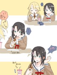 Rule 34 | ..., 2girls, = =, bang dream!, black hair, blonde hair, blue eyes, blush, closed eyes, closed mouth, commentary request, drinking straw, drinking straw in mouth, hair ornament, hairclip, hanasakigawa school uniform, highres, holding carton, long hair, long sleeves, medium hair, multiple girls, nanami (nunnun 0410), okusawa misaki, school uniform, spoken ellipsis, tsurumaki kokoro