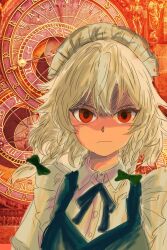 1girl bow braided_sidelocks clock commentary expressionless green_bow hair_bow highres izayoi_sakuya kametoyou maid maid_headdress red_eyes skeleton solo symbol-only_commentary touhou upper_body white_hair