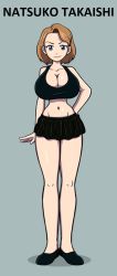 Rule 34 | 1girl, black shirt, black shoes, black skirt, blue eyes, bob cut, breasts, brown hair, character name, cleavage, crop top, digimon, digimon adventure, facing viewer, female focus, garabato, garabo, grey background, hand on own hip, highres, large breasts, legs, long legs, looking at viewer, mature female, microskirt, midriff, miniskirt, navel, shirt, shoes, short hair, simple background, skirt, sleeveless, sleeveless shirt, smile, smirk, solo, takaishi natsuko, tank top