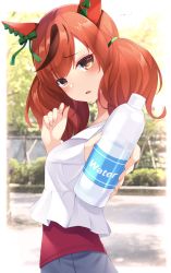1girl absurdres alternate_costume animal_ears blush bottle breasts brown_eyes casual commentary_request highres horse_ears horse_girl looking_at_viewer medium_breasts medium_hair nice_nature_(umamusume) open_mouth park red_hair solo umamusume water_bottle zeatto