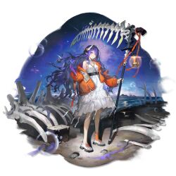1girl arknights beach blue_eyes blue_hair blue_skin bone bone_hair_ornament bone_weapon bubble city_lights colored_skin conch cooler coral crab dress flower frilled_skirt frills full_body giant_skeleton hair_flower hair_ornament hanging_lantern highmore_(arknights) highmore_(stranded)_(arknights) highres hoirn holding holding_scythe jacket long_hair looking_at_viewer night night_sky ocean official_alternate_costume official_art open_mouth orange_jacket orange_socks outdoors pink_flower ribbon rope scythe seashell shell shooting_star single_sock skeleton skirt sky socks solo third-party_source transparent_background wavy_hair white_dress white_ribbon yellow_flower zipper