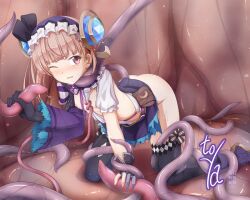 1girl atelier_(series) atelier_lydie_&amp;_suelle black_bow black_gloves blue_gemstone blunt_bangs boots bow breasts brown_hair frilled_hairband frills gem gloves hair_bow hair_ornament hairband highres holding_tentacle kneeling lydie_malen nipples one_eye_closed parted_lips pink_eyes purple_boots restrained slime_(substance) small_breasts tentacle_around_neck tentacle_pit tentacles thighhighs toya1s