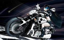 10s 1girl bad_id bad_pixiv_id bikini bikini_top_only black_hair black_rock_shooter black_rock_shooter_(character) blue_eyes boots breasts driving glowing glowing_eye kikukawa_norihiko motor_vehicle motorcycle night shorts sideboob swimsuit twintails vehicle yamaha yamaha_v-max