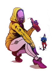 Rule 34 | 1boy, 1girl, alien, beanie, beer bottle, bodysuit, boombox, colored skin, commentary, dancing, down jacket, drell, drinking straw, english commentary, faceless, fewer digits, full body, green skin, hat, helmet, highres, hood, hoodie, jacket, mass effect (series), mass effect 2, on one knee, parody, quarian, shoes, sneakers, solo focus, squatting, tali&#039;zorah, thane krios, voodoothur, white background