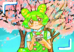 1girl :3 blush brooch buttons camera closed_mouth frilled_shirt frills green_hair green_suspenders hair_between_eyes highres holding holding_camera jewelry k_(coldsleeeeeeep) long_hair looking_at_viewer neck_ribbon portrait ribbon shirt single-lens_reflex_camera solo solo_focus suspenders tree viewfinder voiceroid voicevox white_shirt yellow_eyes zundamon