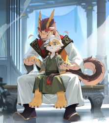 2boys absurdres animal_ears artist_name artist_self-insert barefoot bench chinese_clothes claws closed_mouth commentary dragon_boy dragon_ears dragon_horns dragon_tail english_commentary fox_boy fox_ears furry furry_male highres holding_hands horns i_lokey looking_at_another male_focus multiple_boys original signature sitting sitting_on_lap sitting_on_person smile sweatdrop tail tarjumdad_(threefold_recital) threefold_recital