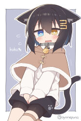 1girl animal_ears bike_shorts black_shorts blue_eyes blush border brown_capelet brown_eyes capelet cat_ears cat_girl cat_tail collared_shirt commentary_request dress_shirt fur-trimmed_capelet fur_trim grey_background hair_ornament hairclip have_to_pee heterochromia highres koko_(ayanepuna) long_sleeves open_mouth original outline shirt short_shorts shorts shorts_under_shorts solo sweat tail tears trembling twitter_username wavy_mouth white_border white_outline white_shirt yuune_(ayanepuna)