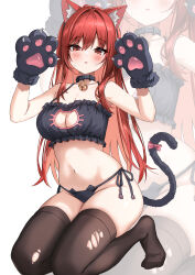 1girl absurdres alternate_costume animal_ears animal_hands black_bra black_collar black_gloves blush bra breasts cat_ears cat_lingerie cat_tail cleavage collar commentary fake_animal_ears fake_tail gloves goddess_of_victory:_nikke hair_between_eyes highres kneeling long_hair medium_breasts meme_attire navel neon_(hhs9444) paw_gloves rapi_(nikke) red_eyes red_hair solo tail thighhighs thighs torn_clothes torn_thighhighs underwear zoom_layer