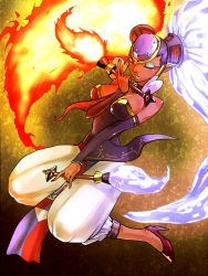 1girl artist_request breasts dark-skinned_female dark_skin female_focus fiery_hair fire high_heels ice medium_breasts nintendo one_eye_closed pointy_ears red_eyes red_hair red_shoes shoes silver_hair solo the_legend_of_zelda the_legend_of_zelda:_ocarina_of_time twinrova twintails wand wink