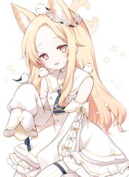 Rule 34 | 1girl, animal ear fluff, animal ears, bare shoulders, bird, blonde hair, blue archive, blue necktie, blush, bow, collared dress, commentary, cross halo, detached sleeves, dress, ear wreath, flower wreath, fox ears, fox girl, halo, hand up, kokoshira 0510, long-tailed tit, long hair, looking at viewer, necktie, open mouth, seia (blue archive), short necktie, simple background, sleeve bow, sleeveless, sleeveless dress, sleeves past fingers, sleeves past wrists, smile, solo, tit (bird), upper body, white background, white bow, white dress, white sleeves, yellow bow, yellow eyes, yellow halo