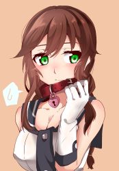 Rule 34 | 1girl, animal collar, bare shoulders, blush, braid, breasts, brown hair, cleavage, closed mouth, collar, collarbone, female focus, green eyes, heart lock (kantai collection), highres, kantai collection, kuuya (ayahata43), large breasts, looking at viewer, noshiro (kancolle), pink background, sailor collar, simple background, solo, twin braids, upper body