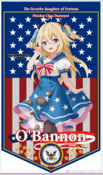 1girl :d ahoge american_flag black_pantyhose blonde_hair blue_eyes blue_skirt blush bow buxiuhongxingshe_jintiantuopinlema english_text flag_background hair_between_eyes hair_ribbon hand_up long_hair looking_at_viewer o&#039;bannon_(warship_girls_r) open_mouth pantyhose potato puffy_short_sleeves puffy_sleeves ribbon sailor_collar shirt short_sleeves skirt skirt_hold smile solo two_side_up warship_girls_r watermark weibo_watermark white_shirt
