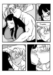 Rule 34 | 1boy, 1girl, black eyes, black hair, blush, breasts, couple, dragon ball, dragon ball super, happy, highres, kiss, long hair, mai (future) (dragon ball), munchkin kittyhams, smile, trunks (dragon ball), trunks (future) (dragon ball), uncensored