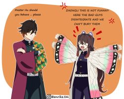 Rule 34 | &gt; &lt;, 1boy, 1girl, anger vein, angry, belt, black hair, brown hair, butterfly hair ornament, checkered haori, clenched hands, commentary, cosplay, cowboy shot, crossed arms, crossover, demon slayer uniform, english commentary, english text, genshin impact, gradient hair, hair between eyes, hair ornament, haori, highres, hu tao (genshin impact), instagram logo, instagram username, jacket, japanese clothes, kimetsu no yaiba, kochou shinobu, kochou shinobu (cosplay), long hair, long sleeves, multicolored hair, open mouth, outstretched arms, ponytail, shadow, sidelocks, tm enrike, tomioka giyuu, tomioka giyuu (cosplay), twintails, very long hair, waving arms, yellow eyes, zhongli (genshin impact)