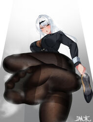 1girl absurdres blush d.m._mo feet highres long_hair looking_at_viewer open_mouth pantyhose shoes single_shoe soles steam toes unworn_shoes white_hair yellow_eyes yixuan_(zenless_zone_zero) zenless_zone_zero