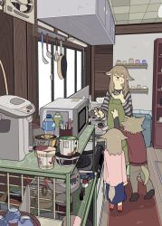1boy 2girls animal_ear_fluff animal_ears apron black_footwear black_shirt black_sleeves blue_skirt boots bottle brown_hair brown_pants can cardigan ceiling child closed_eyes coffee_maker commentary_request cooking_pot cup cup_ramen dog_boy dog_ears dog_girl dog_tail drinking_straw electric_fan food frown frying_pan furry furry_female furry_male green_apron grey_shirt holding holding_cup holding_ladle indoors kitchen ladle layered_sleeves long_hair long_skirt long_sleeves medium_hair microwave mother_and_daughter mother_and_son multiple_girls original pants pepper_shaker pink_cardigan red_footwear red_shirt rug salt_shaker scenery shadow shelf shirt shoes short_over_long_sleeves short_sleeves skirt snout soup straight_hair striped_clothes striped_shirt sweatdrop t-shirt tail taracod tile_ceiling tiles tofu trash_can two-tone_shirt water_bottle whisk wooden_floor