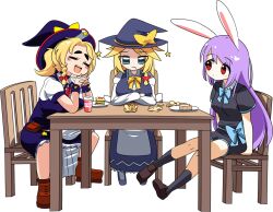 Rule 34 | 3girls, animal ears, black socks, blonde hair, blue bow, blue bowtie, blue eyes, boots, bow, bowtie, breasts, brown boots, brown shoes, burger, chair, closed eyes, closed mouth, commentary request, cookie (touhou), danidani (cookie), food, frilled skirt, frills, fruit, full body, hat, hat bow, hat ornament, interlocked fingers, kirisame marisa, large breasts, lets0020, loafers, long hair, looking at another, mandarin orange, medium breasts, mooncake, multiple girls, open mouth, purple hair, purple skirt, purple vest, rabbit ears, rabbit girl, red bow, red eyes, reisen udongein inaba, ruka (cookie), shoes, short hair, simple background, skirt, smile, socks, star (symbol), star hat ornament, table, touhou, transparent background, very long hair, vest, yaoyao (cookie), yellow bow