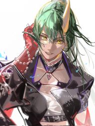 1girl arknights green_hair high_ponytail highres horns hoshiguma_(arknights) looking_at_viewer oni ponytail single_horn skin-covered_horns solo upper_body white_background yellow_eyes yingzi