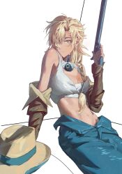 argus_(reverse:1999) arm_support bare_shoulders blonde_hair breasts brown_hat brown_sleeves cleavage cowboy_hat detached_sleeves finger_on_trigger green_eyes green_pants gun hair_over_one_eye hand_up handgun hat highres holding holding_gun holding_weapon large_breasts long_braid looking_at_viewer midriff moondown_(twtmoondown) navel one_eye_covered pants peacock_feathers reverse:1999 rifle sitting tank_top unworn_headwear weapon white_background white_tank_top