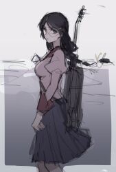 Rule 34 | 1girl, black hair, guitar case, hanekawa tsubasa, instrument case, long hair, long sleeves, looking at another, monogatari (series), naoetsu high school uniform, pink shirt, round eyewear, school uniform, shirt, solo, sonnambulo777