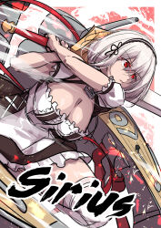 Rule 34 | 1girl, absurdres, azur lane, breasts, character name, cleavage, dress, frilled dress, frills, highres, holding, holding sword, holding weapon, large breasts, maid, oriue wato, parted lips, red eyes, rigging, ship turret, short hair, sirius (azur lane), sketch, solo, sword, thighhighs, two-handed, weapon, white hair, white thighhighs