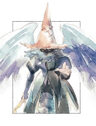 1boy black_coat black_mage_(final_fantasy) black_robe black_waltz cat_earth2 coat cowboy_shot feather_trim feathered_wings final_fantasy final_fantasy_ix fingernails hat highres holding holding_staff juliet_sleeves long_sleeves looking_at_viewer male_focus narrowed_eyes outstretched_hand puffy_sleeves robe sharp_fingernails solo squinting staff white_background wings wizard_hat yellow_eyes