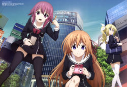 10s 3girls absurdres arimura_hinae bag black_dress black_legwear blonde_hair blue_eyes bow bowtie breasts brown_hair chaos;child cleavage collarbone copyright_name day dress from_below hair_bow hair_ribbon high_ponytail highres holding holding_pen kurusu_nono leaning_forward long_hair looking_at_viewer medium_breasts multiple_girls official_art on_one_knee onoe_serika ootsuki_minao open_mouth outdoors pen ponytail purple_bow purple_eyes purple_hair red_ribbon ribbon road school_bag short_hair_with_long_locks sidelocks smile street thighhighs very_long_hair white_bow white_legwear zettai_ryouiki