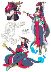 1girl bare_shoulders barefoot_sandals_(jewelry) black_hair blowing_smoke blue_eyes breasts chinese_zodiac cleavage clothing_cutout colored_skin commentary_request detached_sleeves dragon dragon_girl dragon_horns dragon_tail fingernails full_body furry furry_female hair_ornament highres holding holding_smoking_pipe horn_ornament horns japanese_clothes kimono kiseru large_breasts long_hair looking_at_viewer mouse_(animal) multicolored_hair multiple_views navel navel_cutout obi original pig rabbit red_hair red_kimono ryuusei_(mark_ii) sash scales sharp_fingernails sharp_toenails signature smile smoke smoking_pipe snout tail tiger toenails two-tone_hair white_background year_of_the_dragon