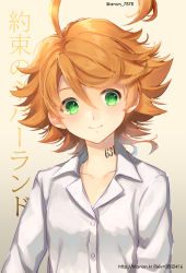 1girl ahoge bad_id bad_pixiv_id blonde_hair blouse closed_mouth collarbone collared_shirt dress_shirt emma_(yakusoku_no_neverland) female_focus green_eyes hair_between_eyes head_tilt looking_at_viewer neck_tattoo number_tattoo shirt short_hair smile solo tattoo trianon twitter_username upper_body watermark web_address white_shirt wing_collar yakusoku_no_neverland